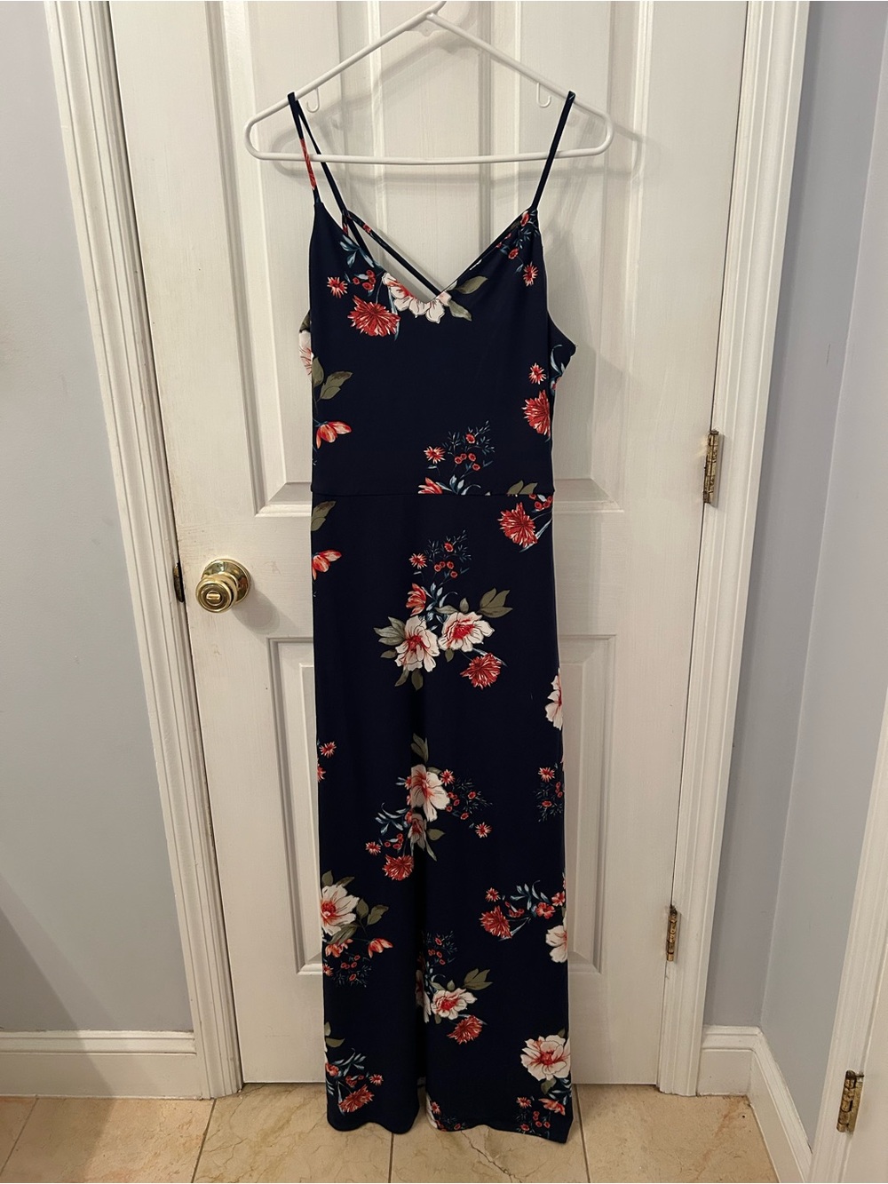 Navy Floral Spaghetti-Strap Maxi Dress